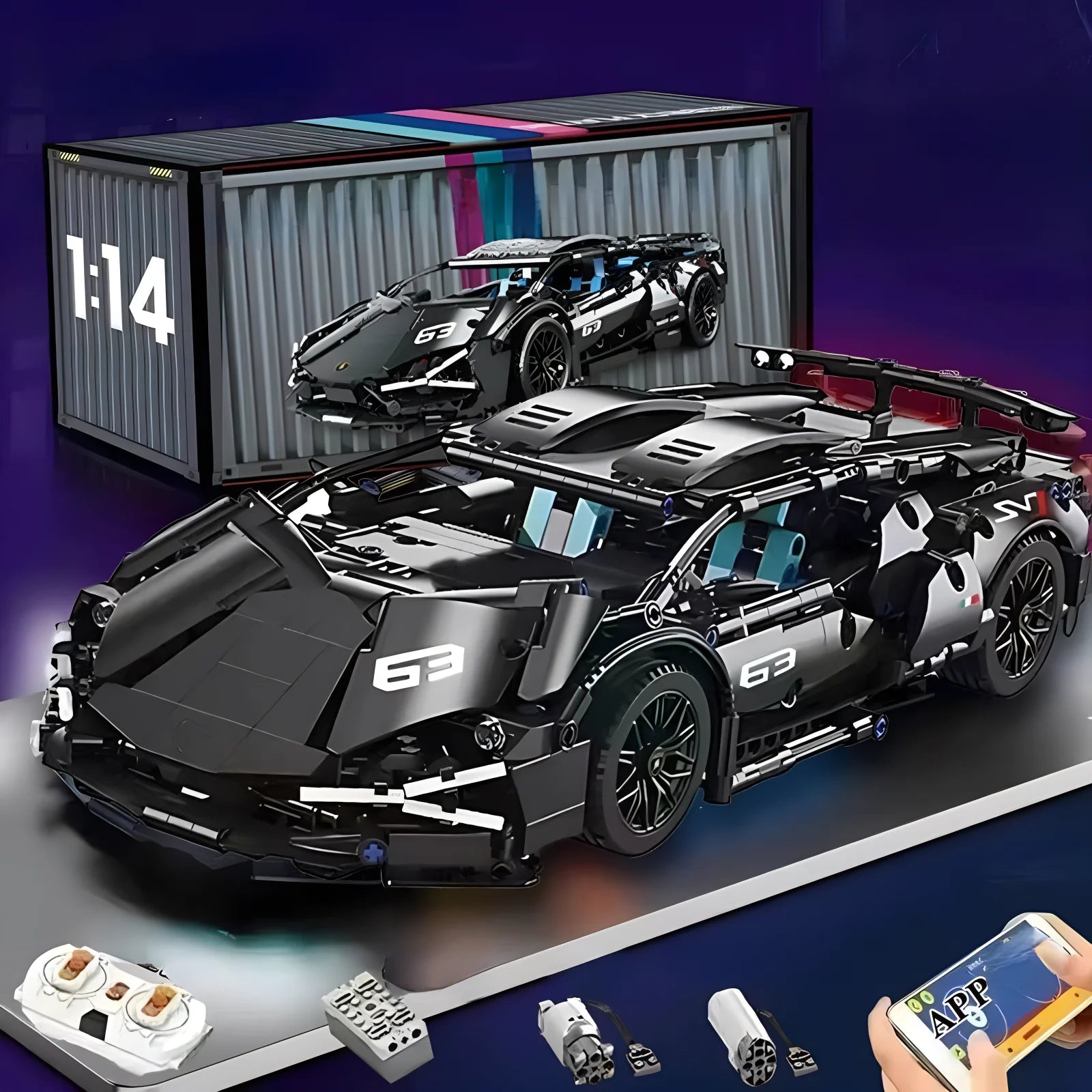 Musta sportauto koos LED -dega RC | 1280 tükki
