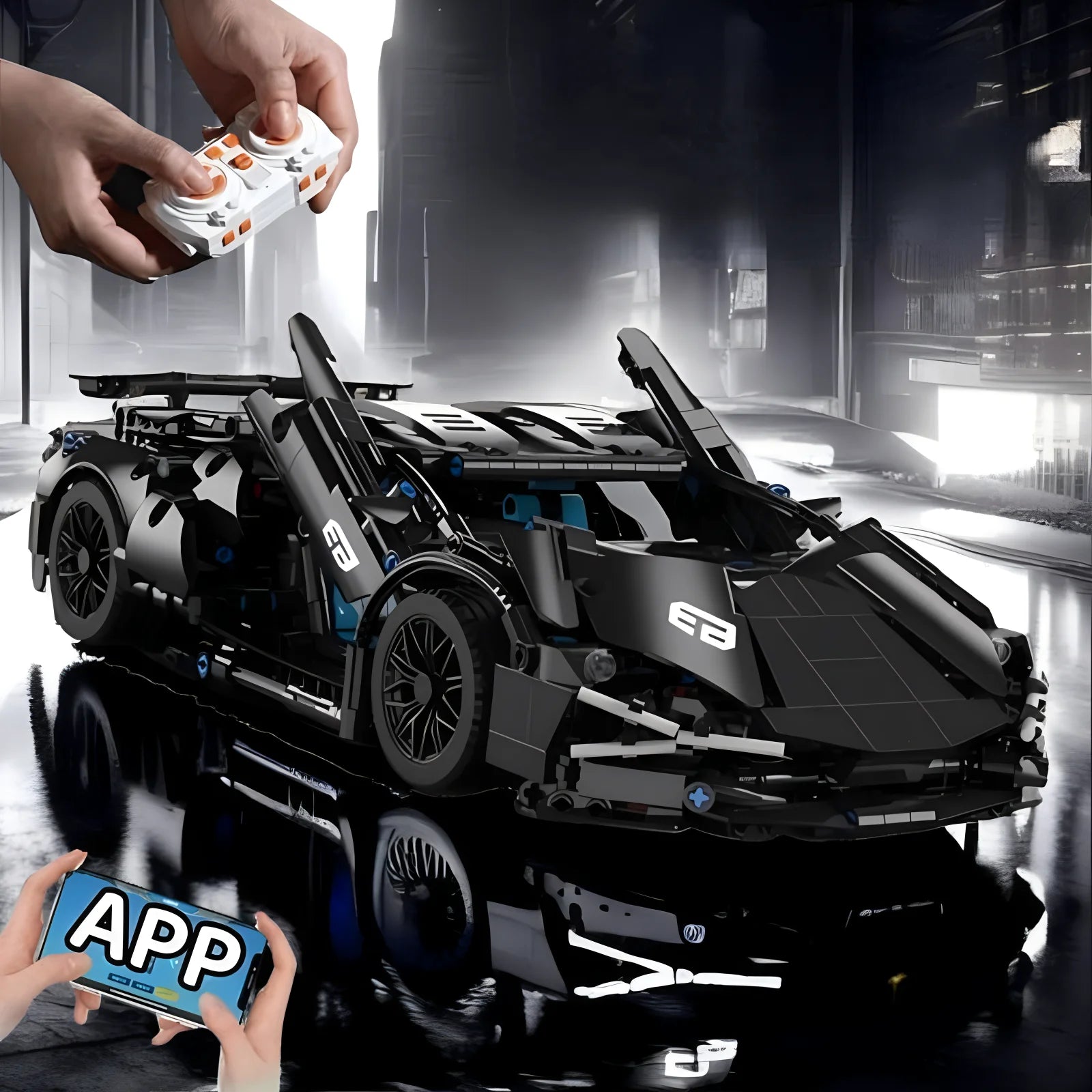 Musta sportauto koos LED -dega RC | 1280 tükki