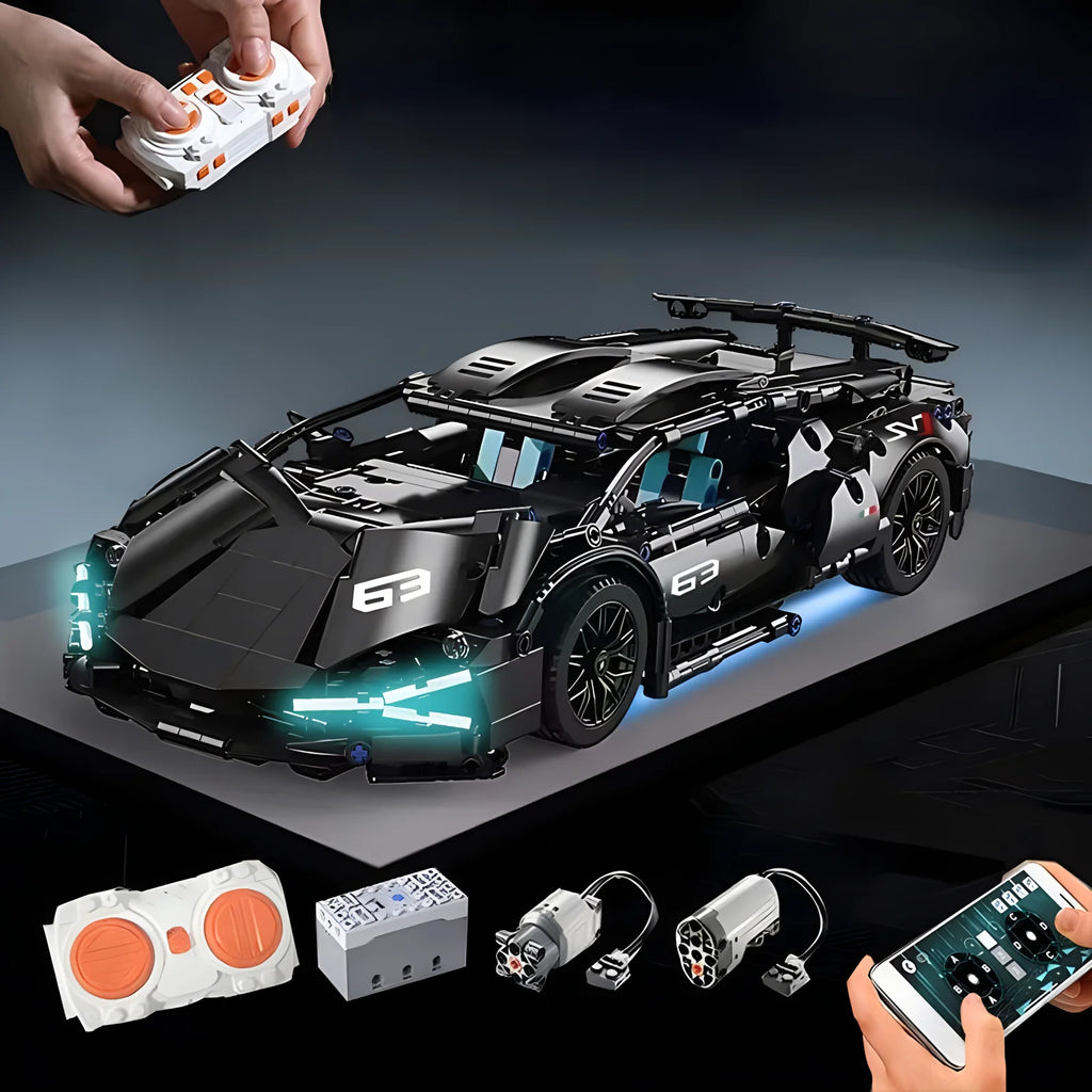 Musta sportauto koos LED -dega RC | 1280 tükki